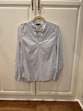 Long-sleeved cotton blend white with light blue pin-stripe blouse